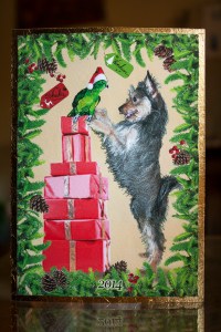 dog and parrot nose to nose