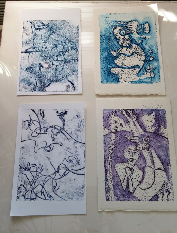 Four monoprints doodled on paper. Each 7" x 5" .