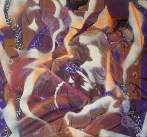 Smaller figures were spray painted as the 3rd phase of the painting titled In Dreams We Heal