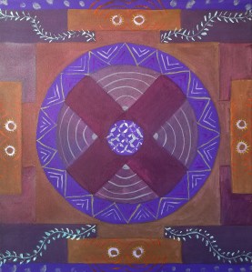 Painted a mandala image on the canvas to start the painting titled In Dreams We Heal