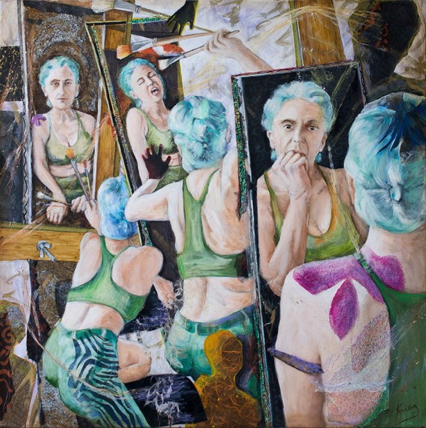 a multi-figured self-portrait of Susan Krieg in the process of painting.
