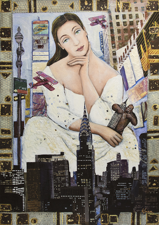 image of woman on New York skyline holding king kong in her hand